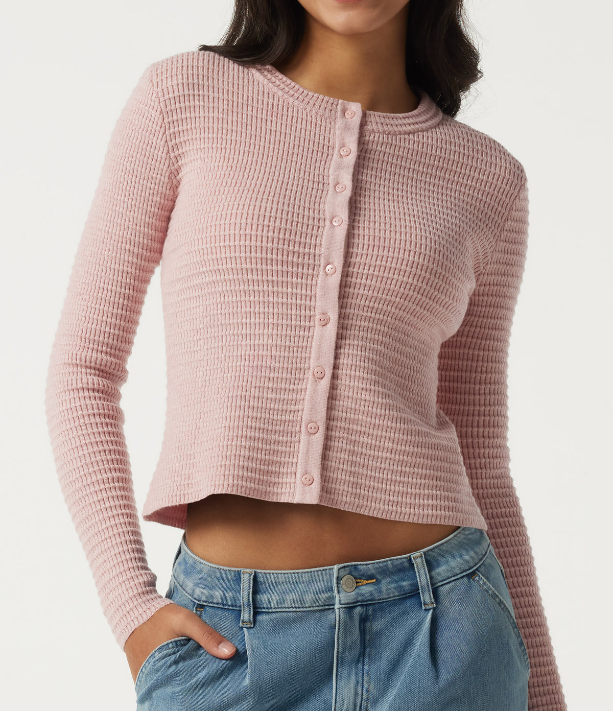 Round Neck Long Sleeve Waffle Workout Cardigan — Rose Dust — view 5