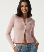 Round Neck Long Sleeve Waffle Workout Cardigan — Rose Dust — view 1