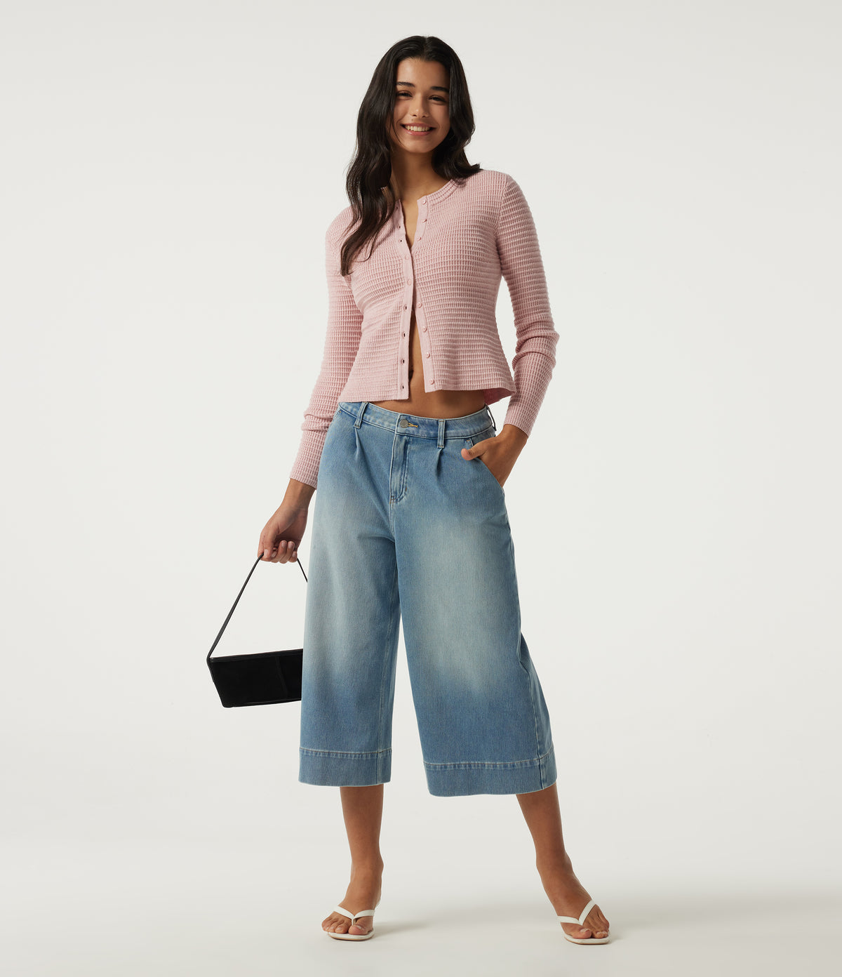 Round Neck Long Sleeve Waffle Workout Cardigan — Rose Dust — view 7