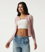 Round Neck Long Sleeve Waffle Workout Cardigan — Rose Dust — view 4