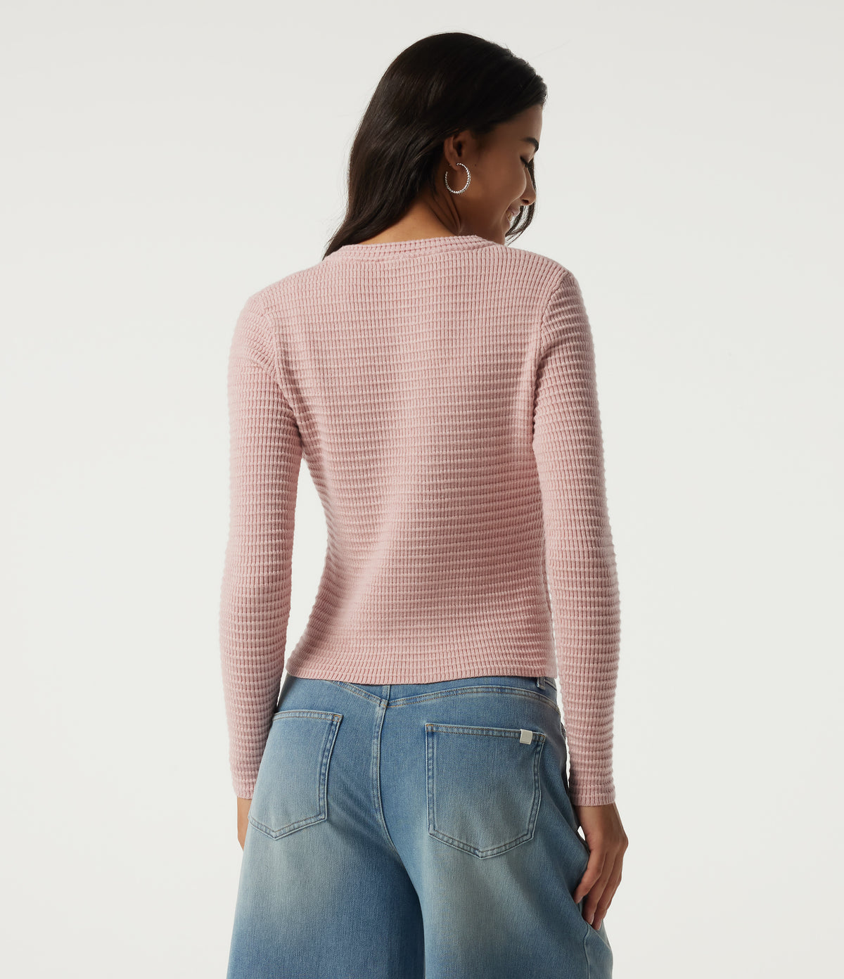 Round Neck Long Sleeve Waffle Workout Cardigan — Rose Dust — view 2