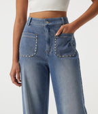 High Waisted Wide Leg Casual Jeans with Pockets — Coronet Blue Denim — view 4