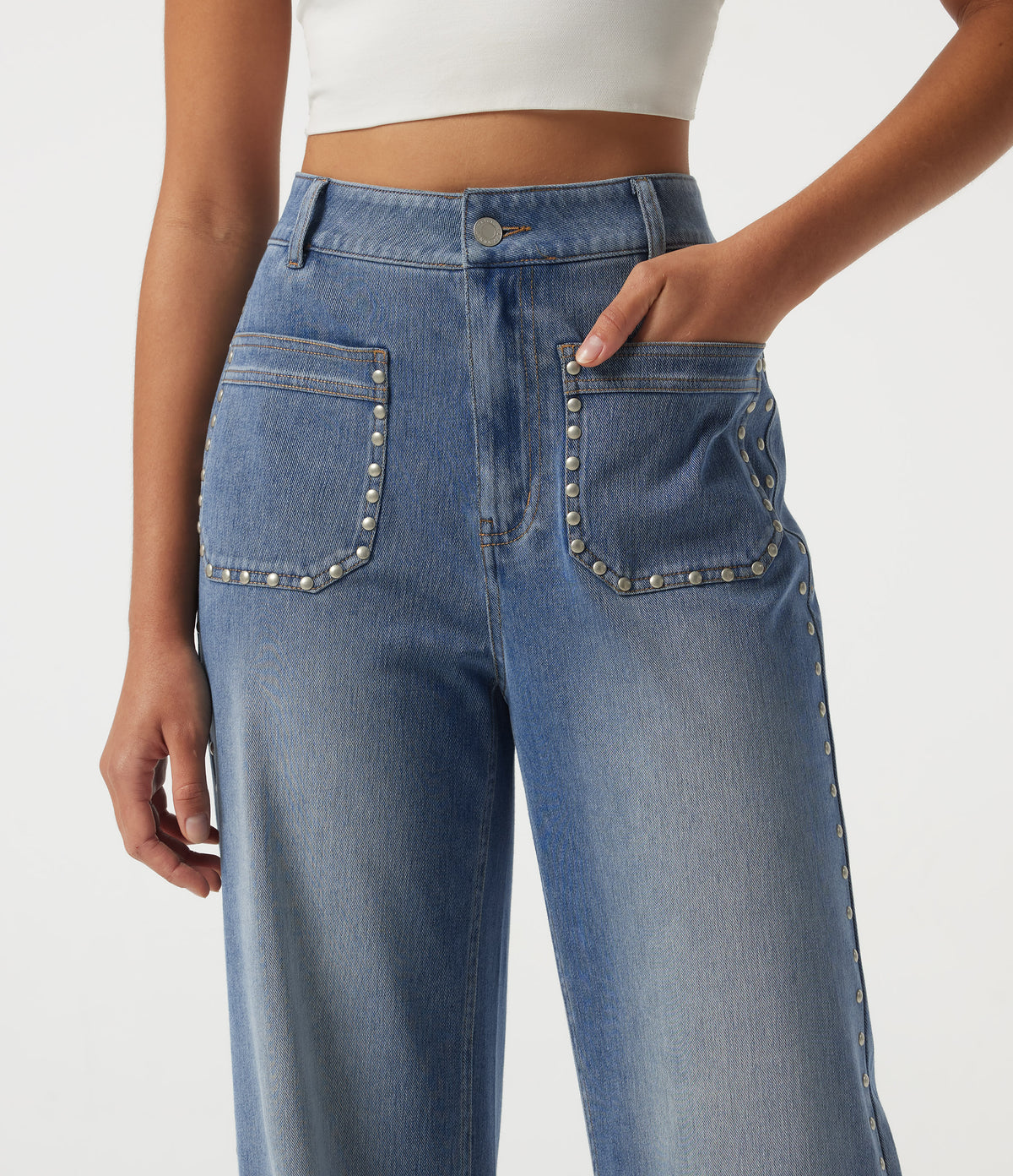 High Waisted Wide Leg Casual Jeans with Pockets — Coronet Blue Denim — view 4