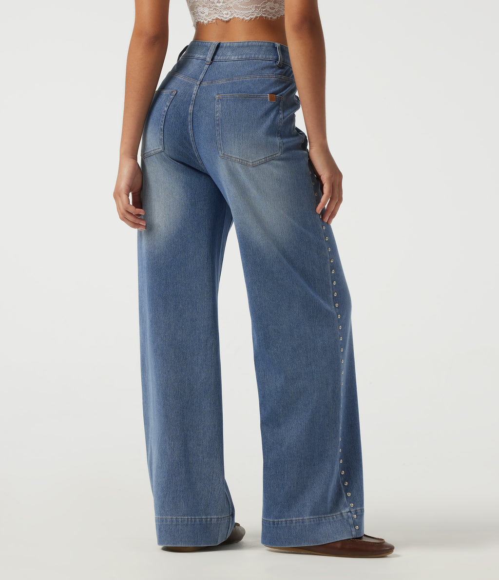 High Waisted Wide Leg Casual Jeans with Pockets — Coronet Blue Denim — view 2