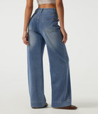 High Waisted Wide Leg Casual Jeans with Pockets — Coronet Blue Denim — view 2