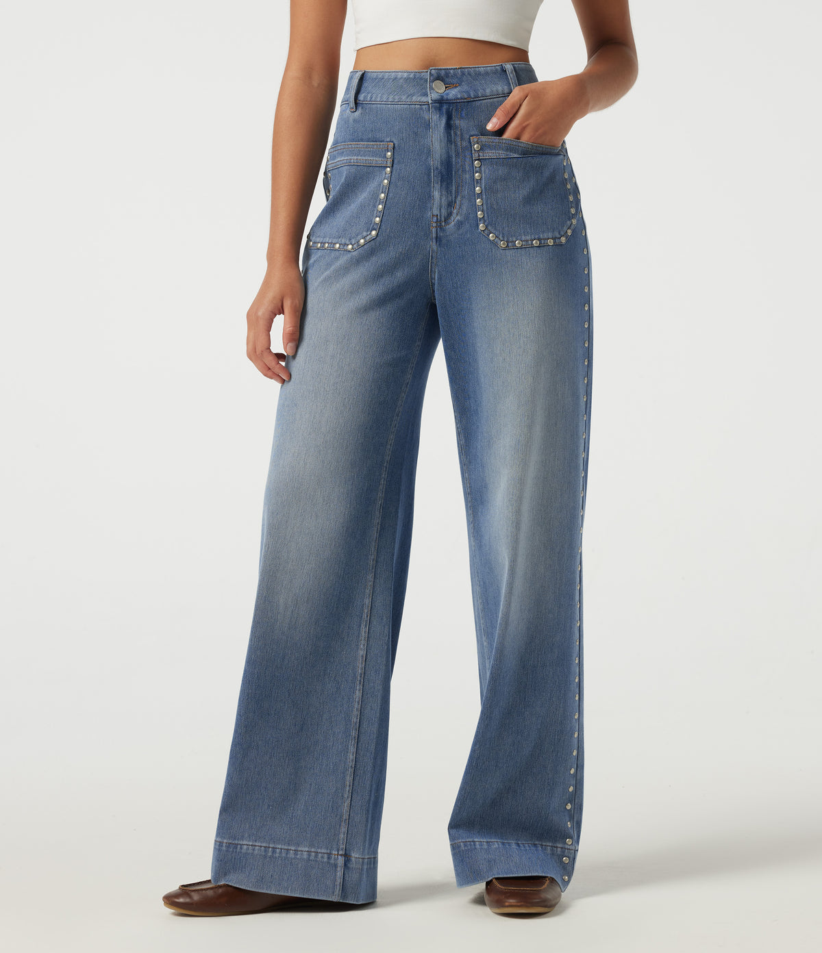 High Waisted Wide Leg Casual Jeans with Pockets — Coronet Blue Denim — view 1
