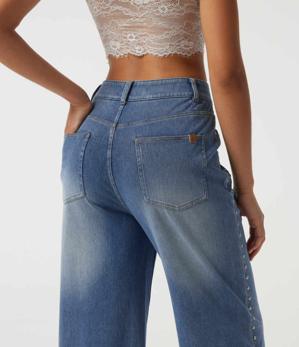 High Waisted Wide Leg Casual Jeans with Pockets — Coronet Blue Denim — view 5