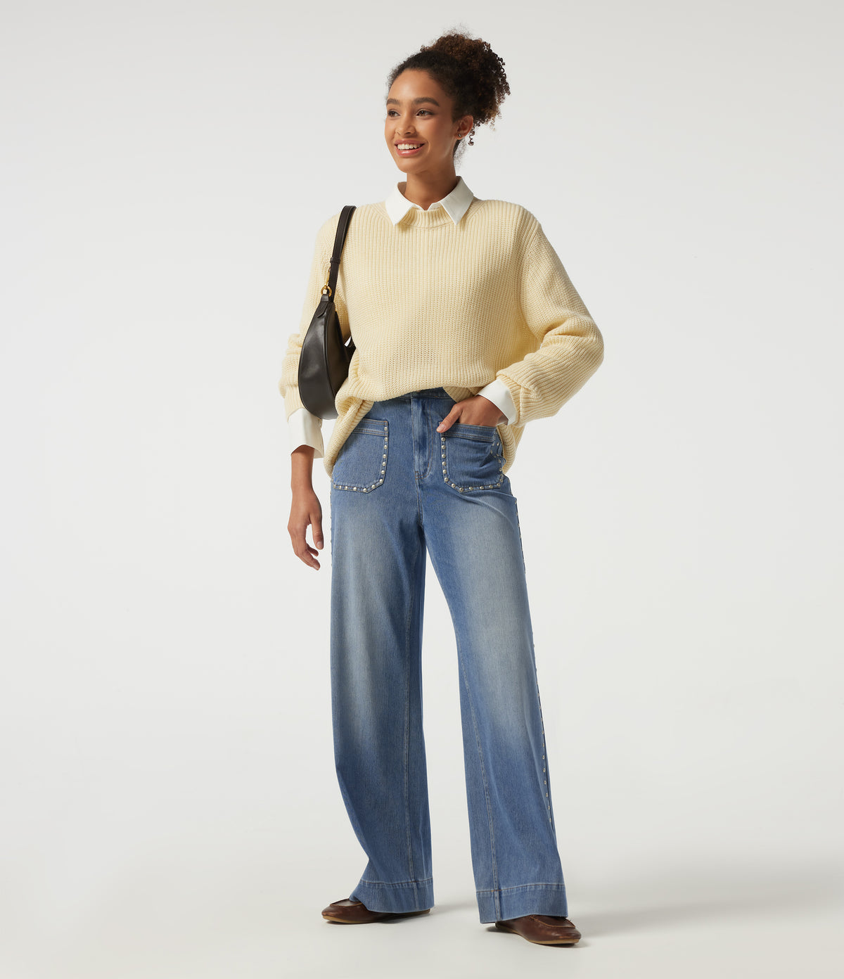 High Waisted Wide Leg Casual Jeans with Pockets — Coronet Blue Denim — view 8