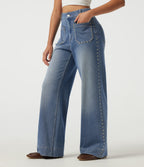 High Waisted Wide Leg Casual Jeans with Pockets — Coronet Blue Denim — view 3