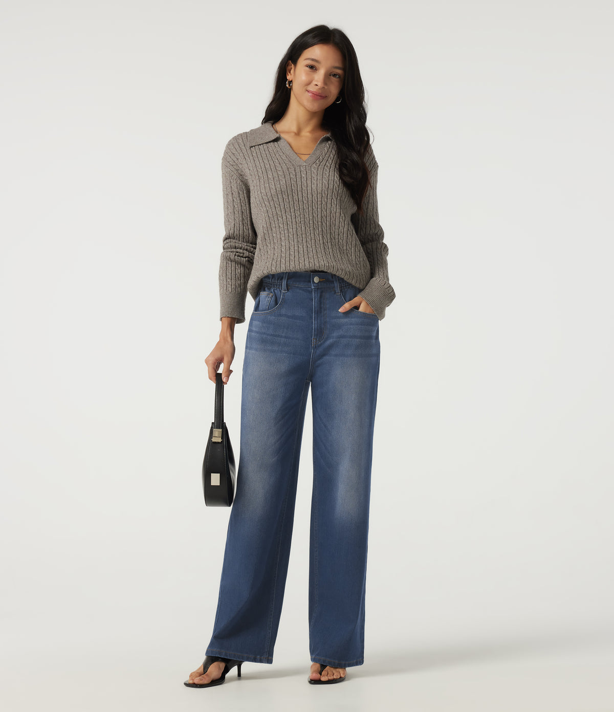 High Waisted Straight Leg Casual Jeans with Pockets — Gulf Stream Blue Denim — view 7