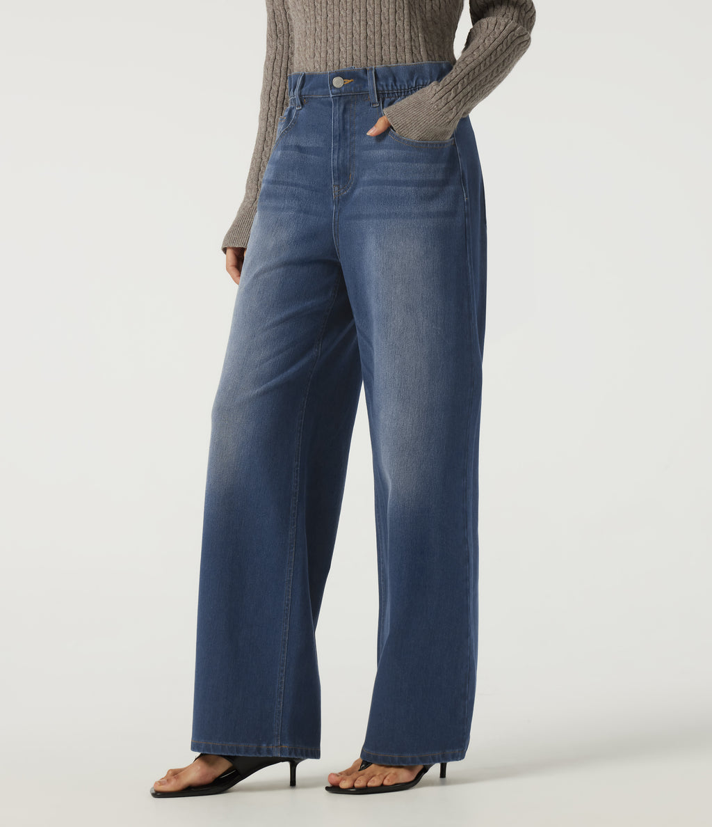 High Waisted Straight Leg Casual Jeans with Pockets — Gulf Stream Blue Denim — view 3