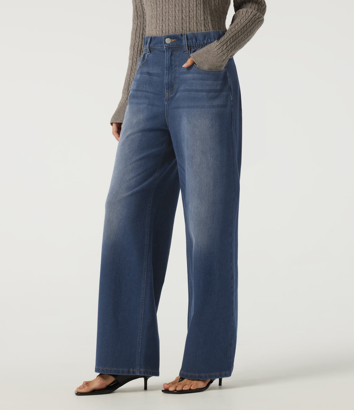 High Waisted Straight Leg Casual Jeans with Pockets — Gulf Stream Blue Denim — view 3