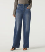 High Waisted Straight Leg Casual Jeans with Pockets — Gulf Stream Blue Denim — view 1