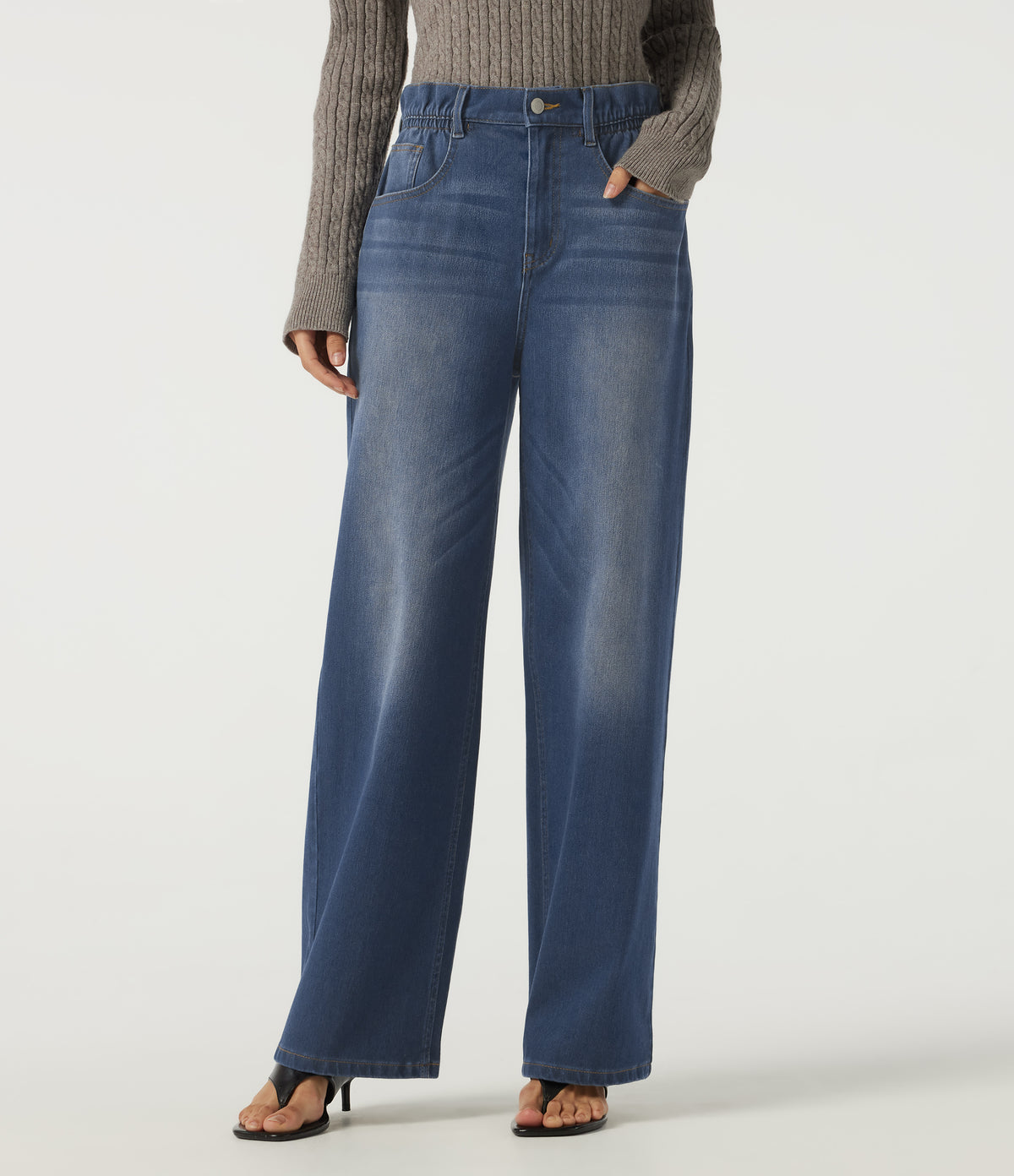 High Waisted Straight Leg Casual Jeans with Pockets — Gulf Stream Blue Denim — view 1