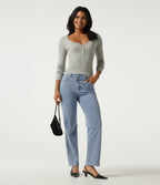 High Waisted Asymmetric Straight Leg Casual Jeans with Pockets — Ice Water Denim — view 7