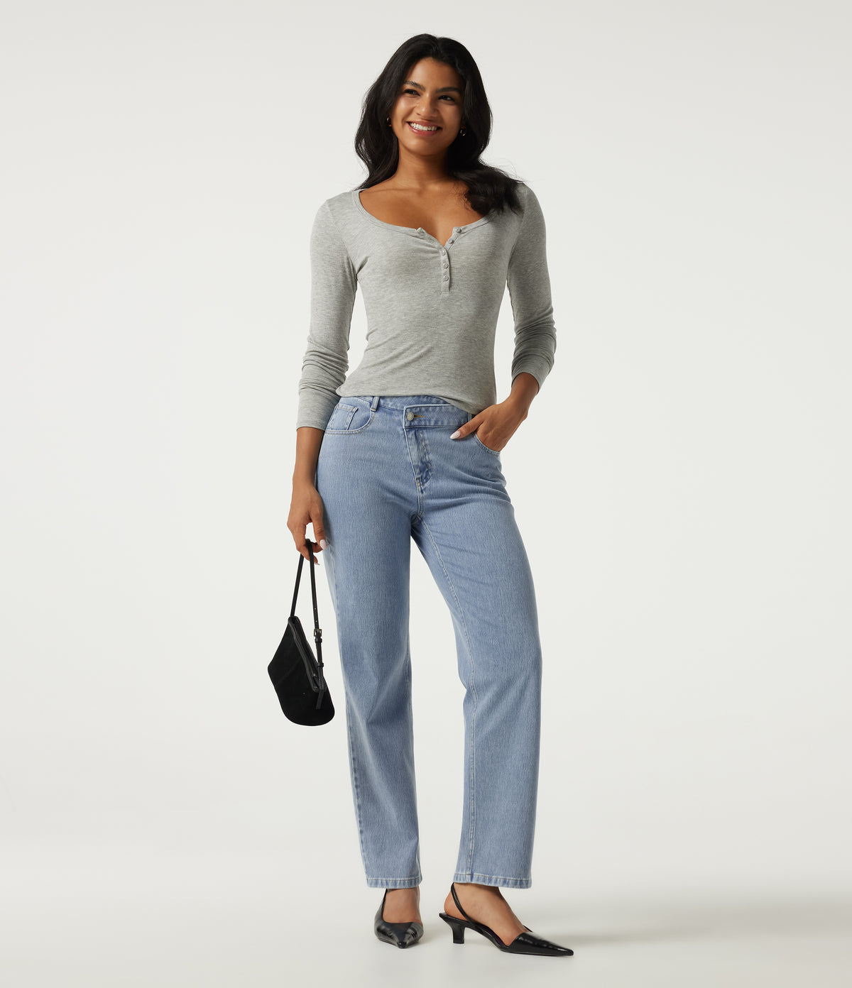 High Waisted Asymmetric Straight Leg Casual Jeans with Pockets — Ice Water Denim — view 7