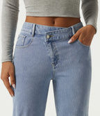 High Waisted Asymmetric Straight Leg Casual Jeans with Pockets — Ice Water Denim — view 4