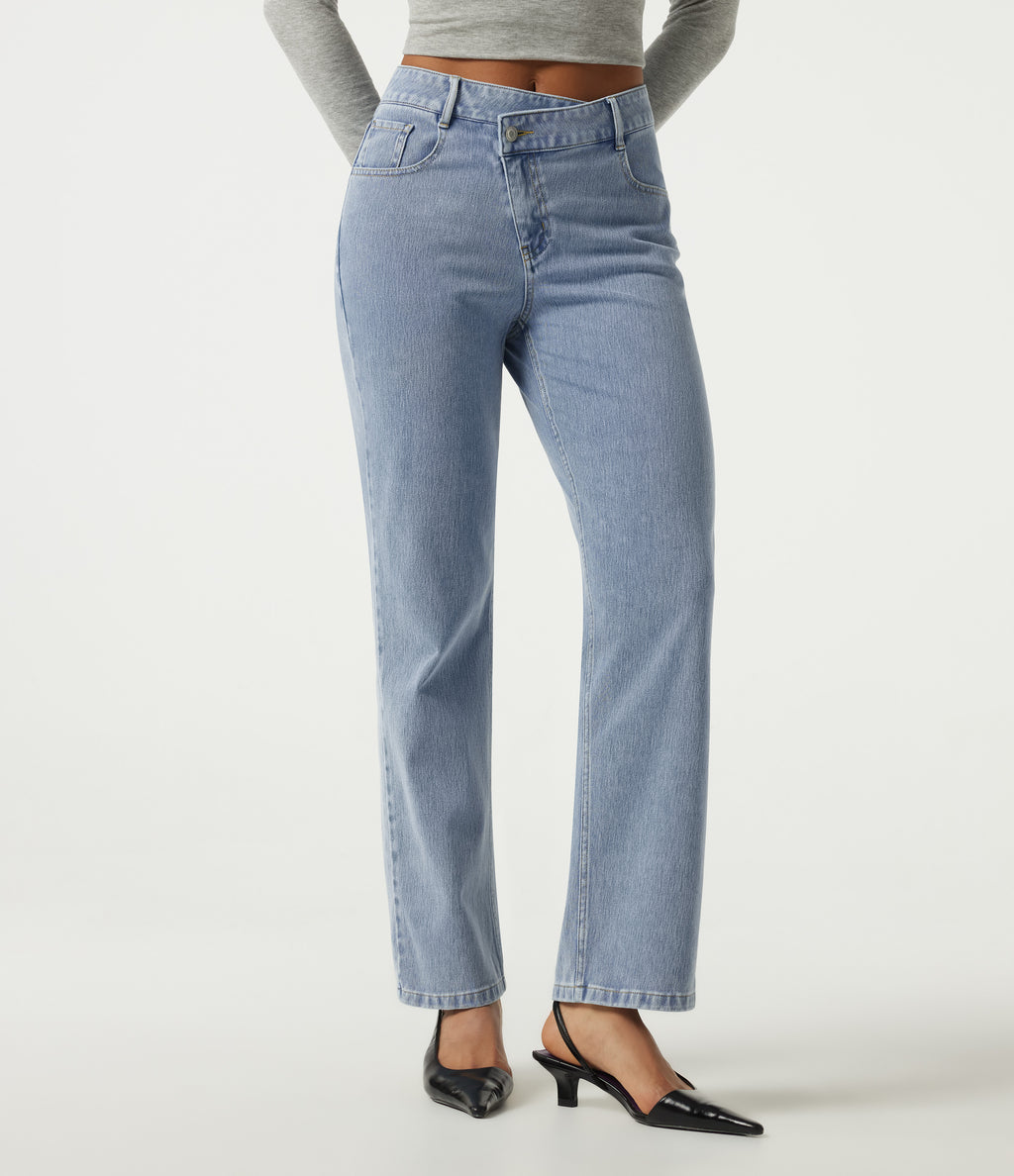 High Waisted Asymmetric Straight Leg Casual Jeans with Pockets — Ice Water Denim — view 1