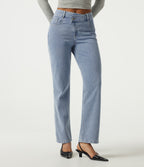 High Waisted Asymmetric Straight Leg Casual Jeans with Pockets — Ice Water Denim — view 1