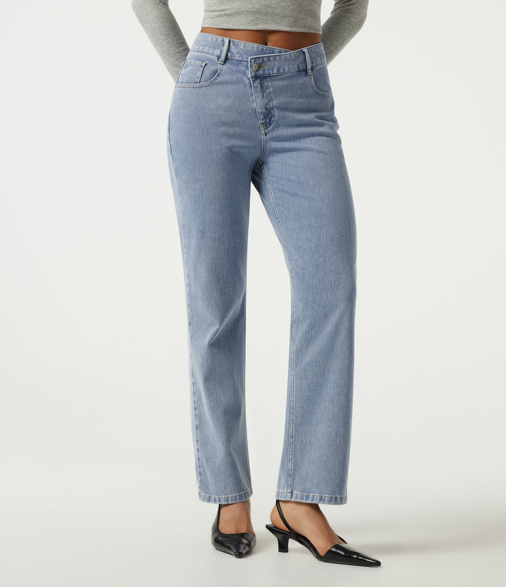 High Waisted Asymmetric Straight Leg Casual Jeans with Pockets — Ice Water Denim — view 1