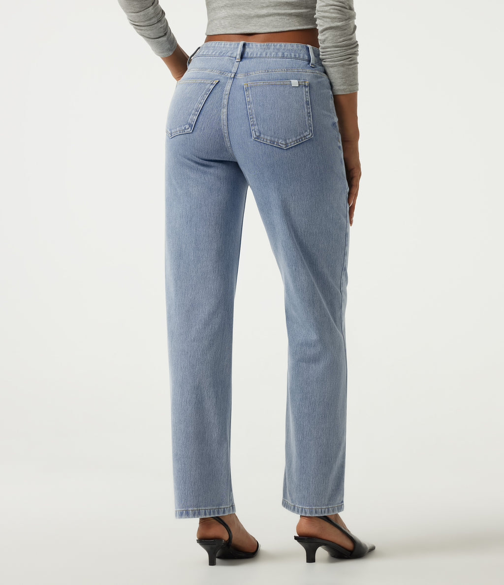 High Waisted Asymmetric Straight Leg Casual Jeans with Pockets — Ice Water Denim — view 2
