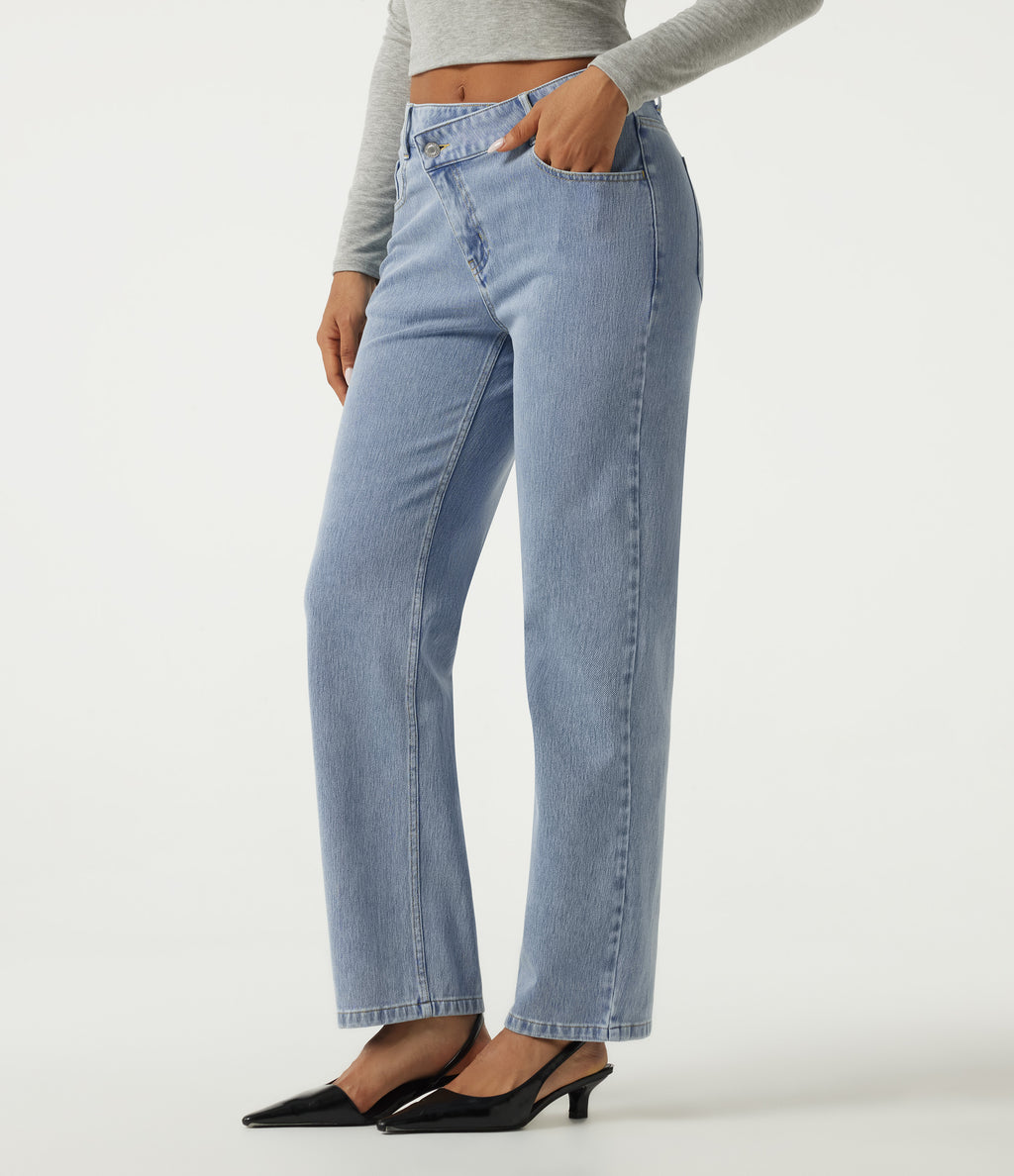 High Waisted Asymmetric Straight Leg Casual Jeans with Pockets — Ice Water Denim — view 3