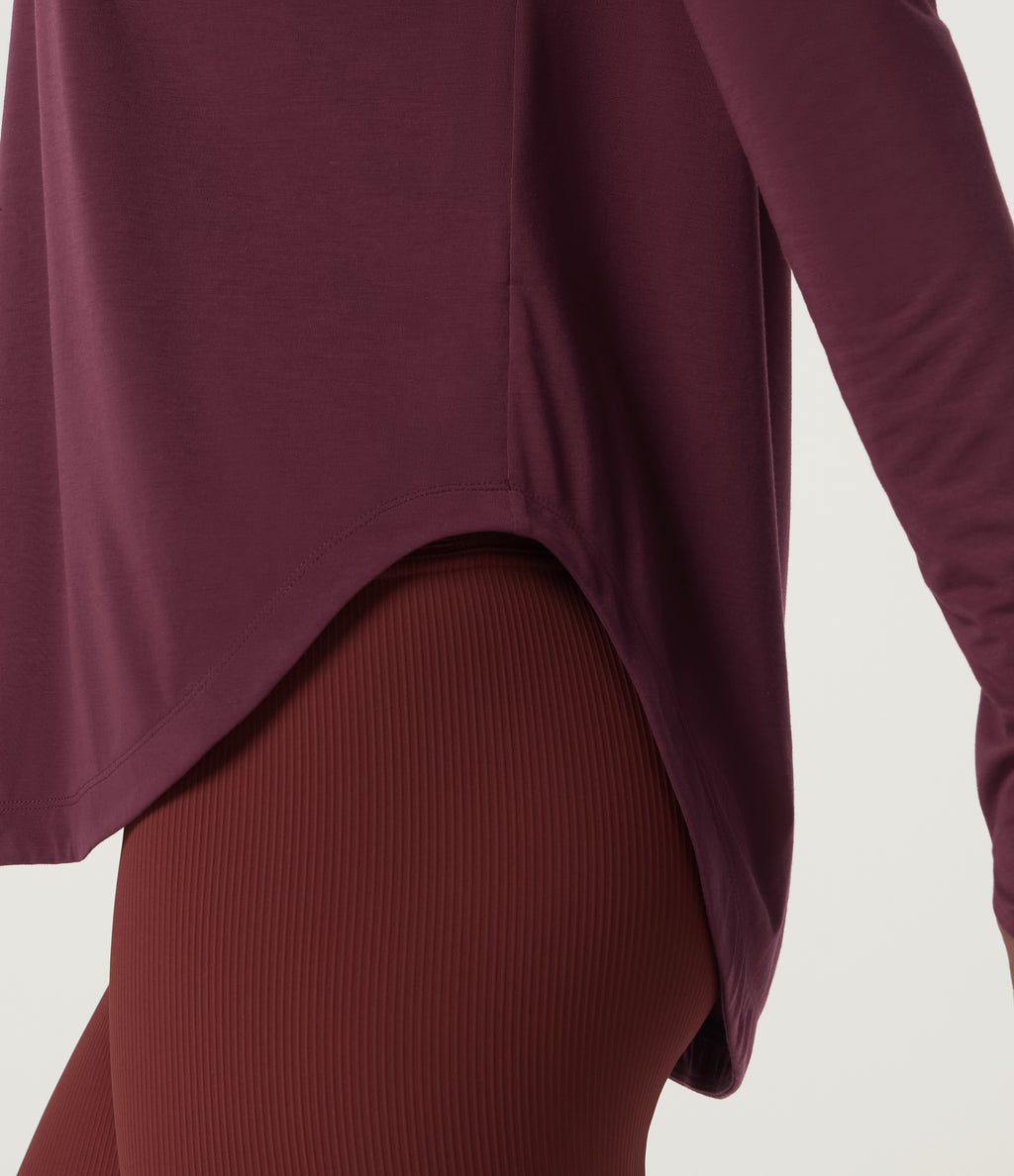 V Neck Long Sleeve Curved Hem Quick Dry Yoga Sports Top with Built-in Bra and Thumb Holes — Tibetan Red — view 8