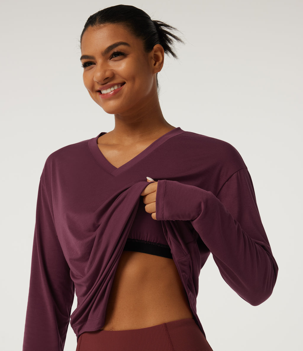 V Neck Long Sleeve Curved Hem Quick Dry Yoga Sports Top with Built-in Bra and Thumb Holes — Tibetan Red — view 5