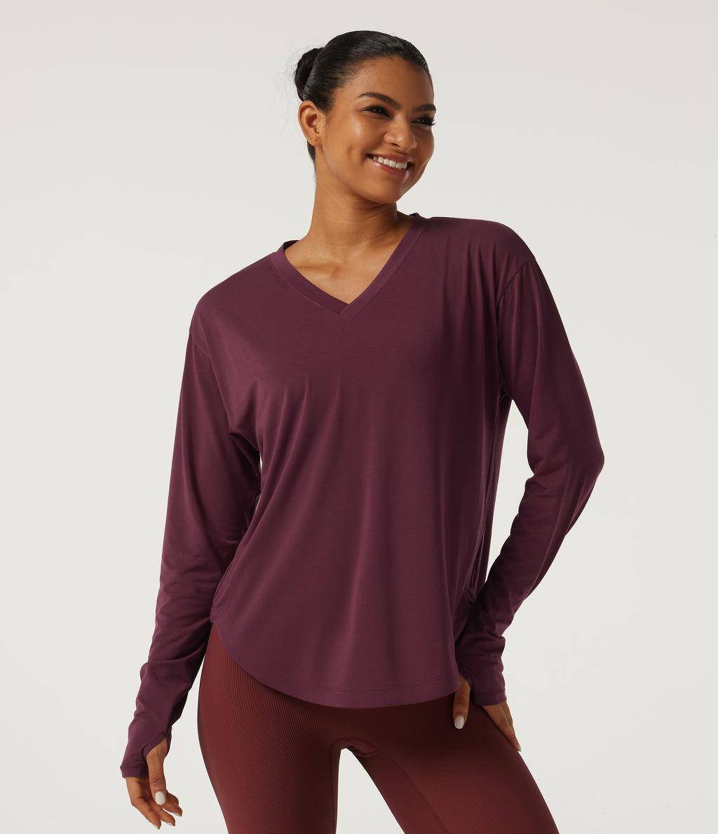 V Neck Long Sleeve Curved Hem Quick Dry Yoga Sports Top with Built-in Bra and Thumb Holes — Tibetan Red — view 3