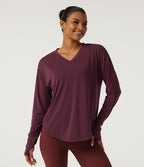 V Neck Long Sleeve Curved Hem Quick Dry Yoga Sports Top with Built-in Bra and Thumb Holes — Tibetan Red — view 3