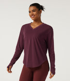V Neck Long Sleeve Curved Hem Quick Dry Yoga Sports Top with Built-in Bra and Thumb Holes — Tibetan Red — view 4