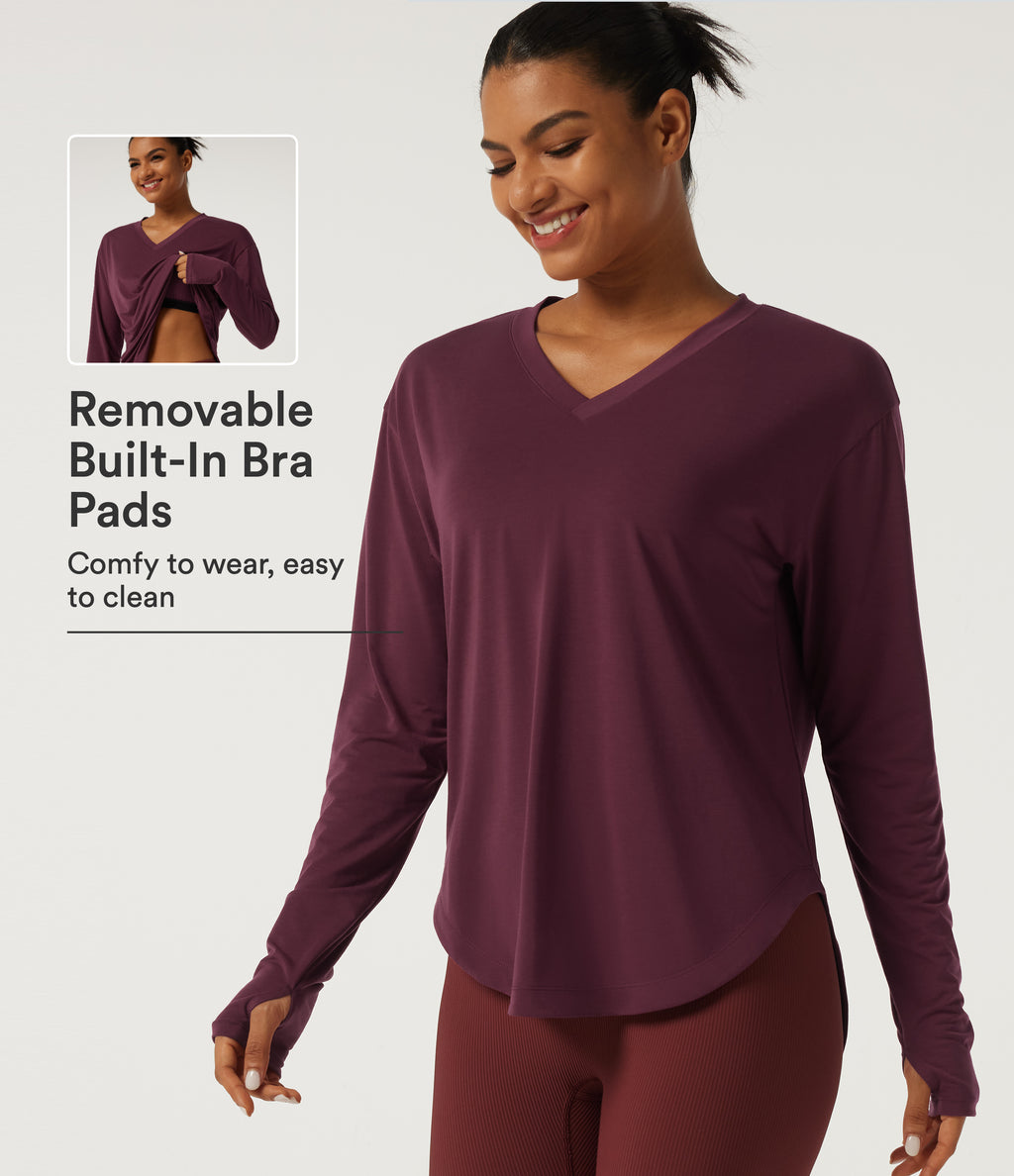 V Neck Long Sleeve Curved Hem Quick Dry Yoga Sports Top with Built-in Bra and Thumb Holes — Tibetan Red — view 1
