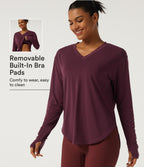 V Neck Long Sleeve Curved Hem Quick Dry Yoga Sports Top with Built-in Bra and Thumb Holes — Tibetan Red — view 1