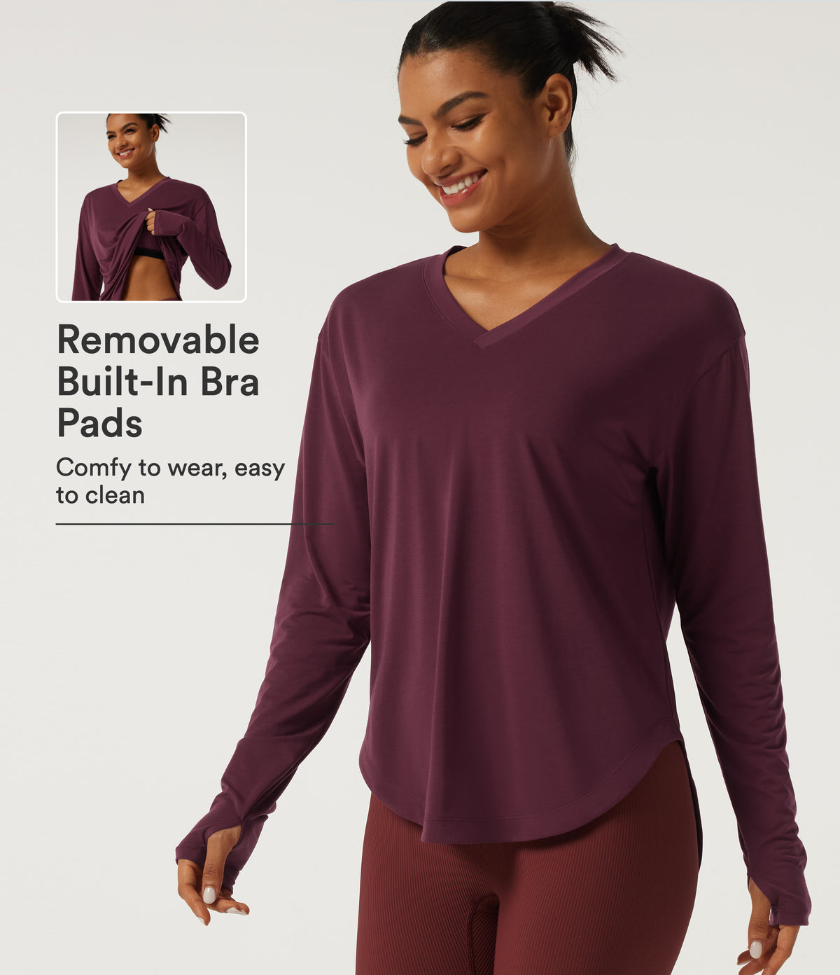 V Neck Long Sleeve Curved Hem Quick Dry Yoga Sports Top with Built-in Bra and Thumb Holes — Tibetan Red — view 1