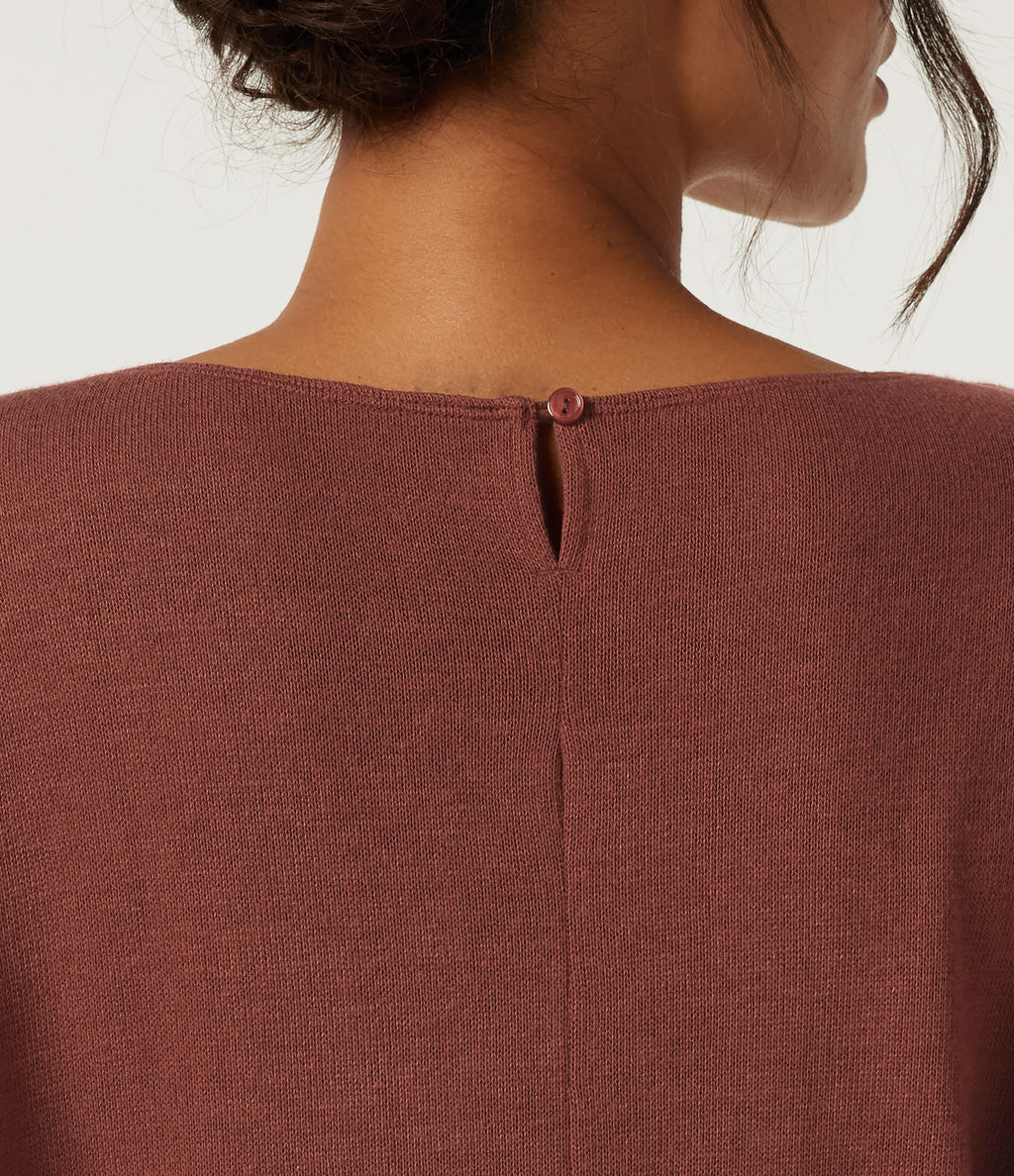 Boat Neck Batwing Long Sleeve Keyhole Back Casual Top — Currant — view 6
