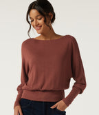Boat Neck Batwing Long Sleeve Keyhole Back Casual Top — Currant — view 1