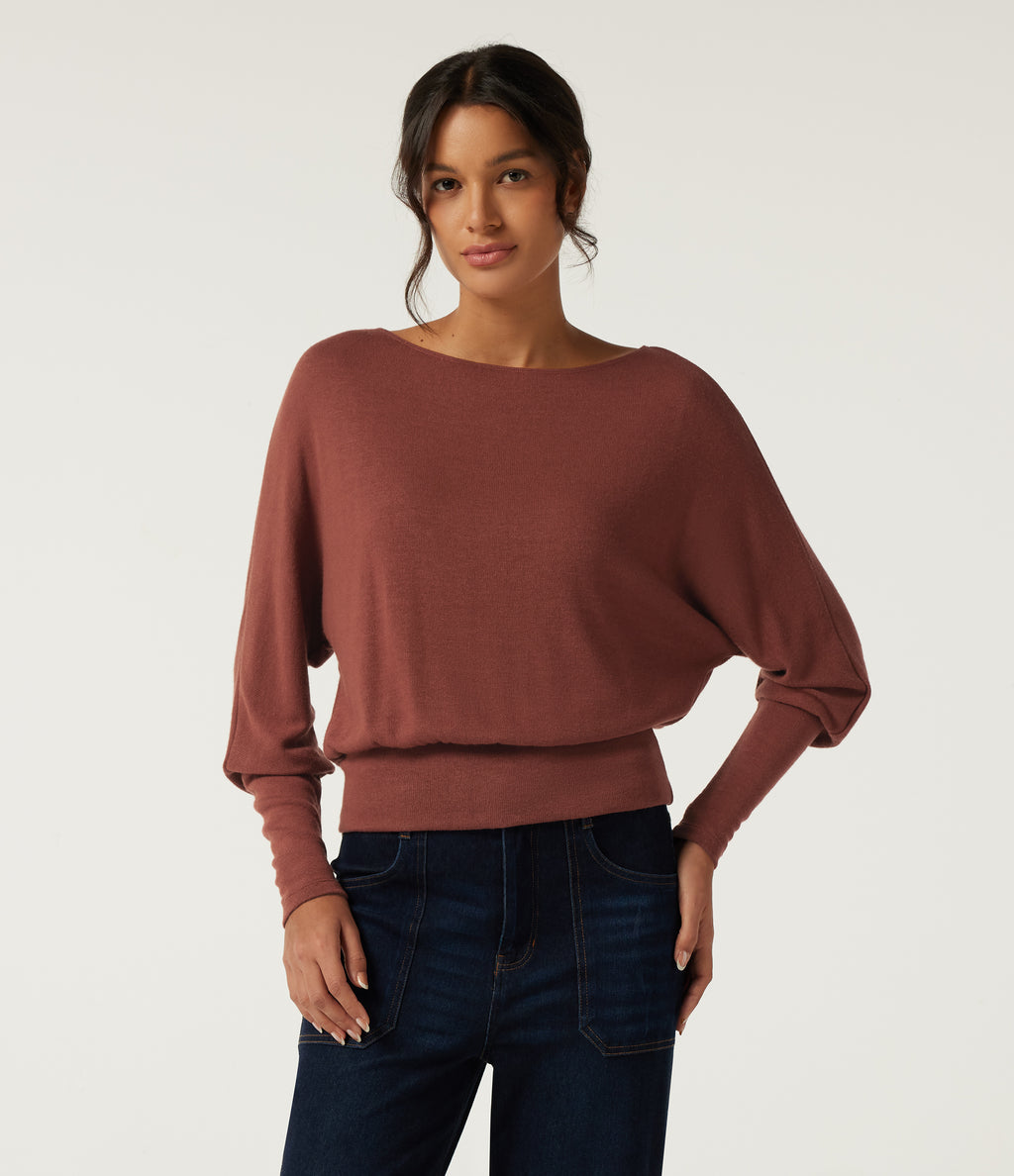 Boat Neck Batwing Long Sleeve Keyhole Back Casual Top — Currant — view 4