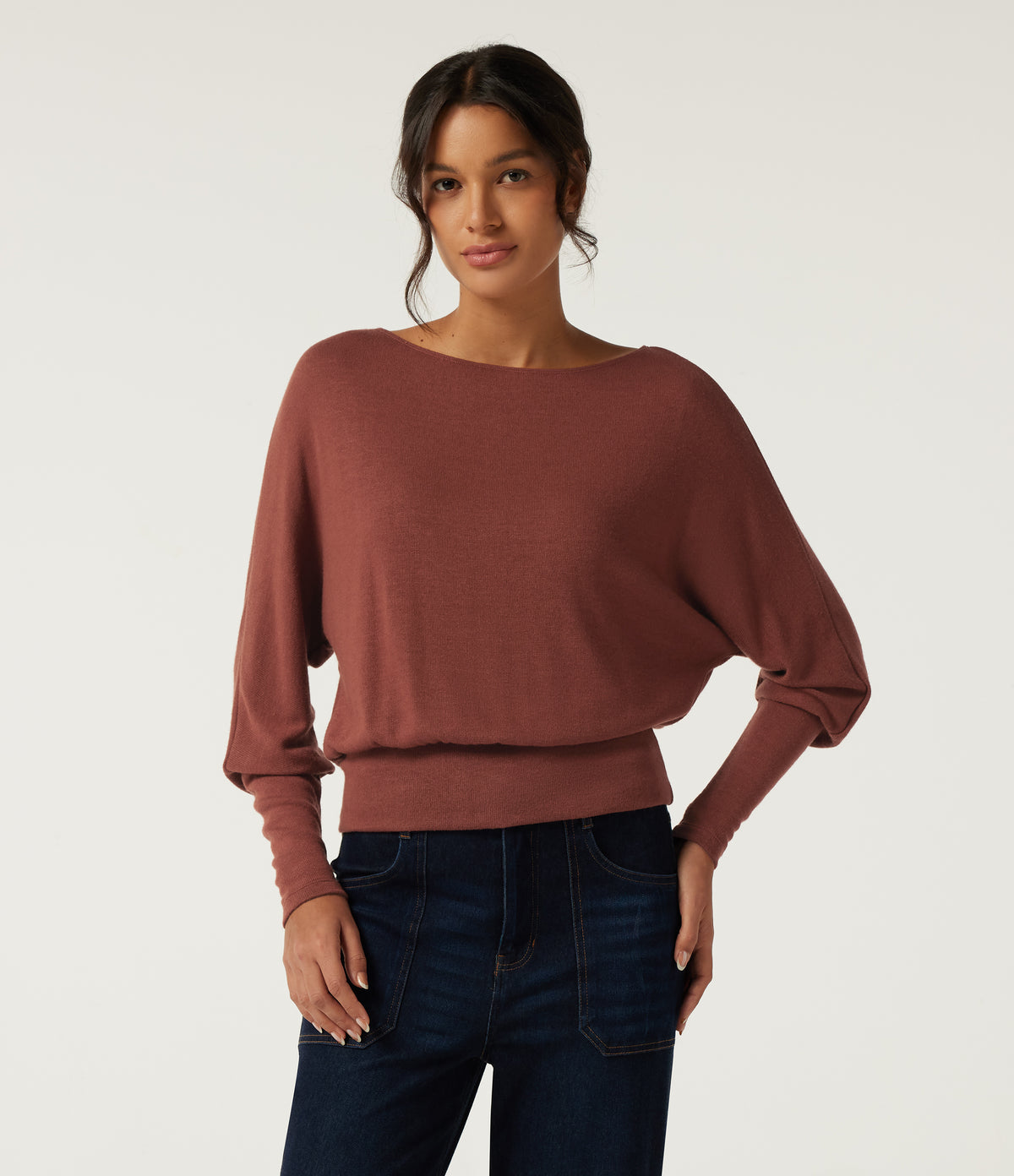 Boat Neck Batwing Long Sleeve Keyhole Back Casual Top — Currant — view 4