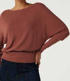 Boat Neck Batwing Long Sleeve Keyhole Back Casual Top — Currant — view 5