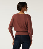 Boat Neck Batwing Long Sleeve Keyhole Back Casual Top — Currant — view 2