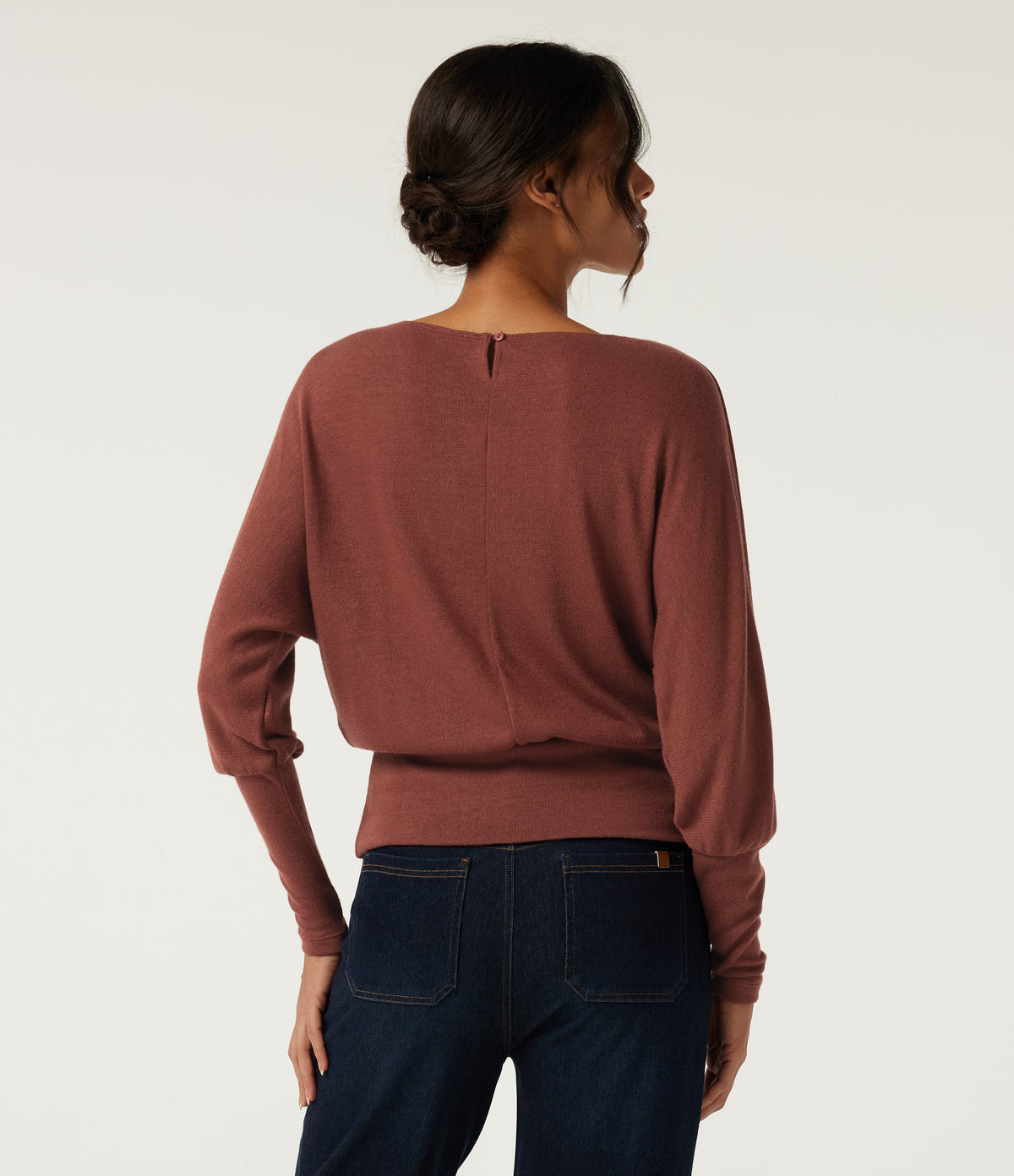 Boat Neck Batwing Long Sleeve Keyhole Back Casual Top — Currant — view 2