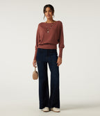 Boat Neck Batwing Long Sleeve Keyhole Back Casual Top — Currant — view 7