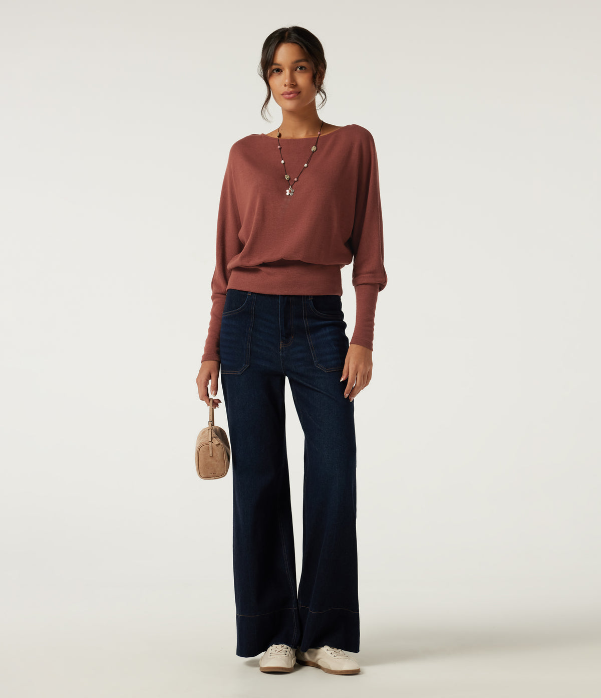 Boat Neck Batwing Long Sleeve Keyhole Back Casual Top — Currant — view 7