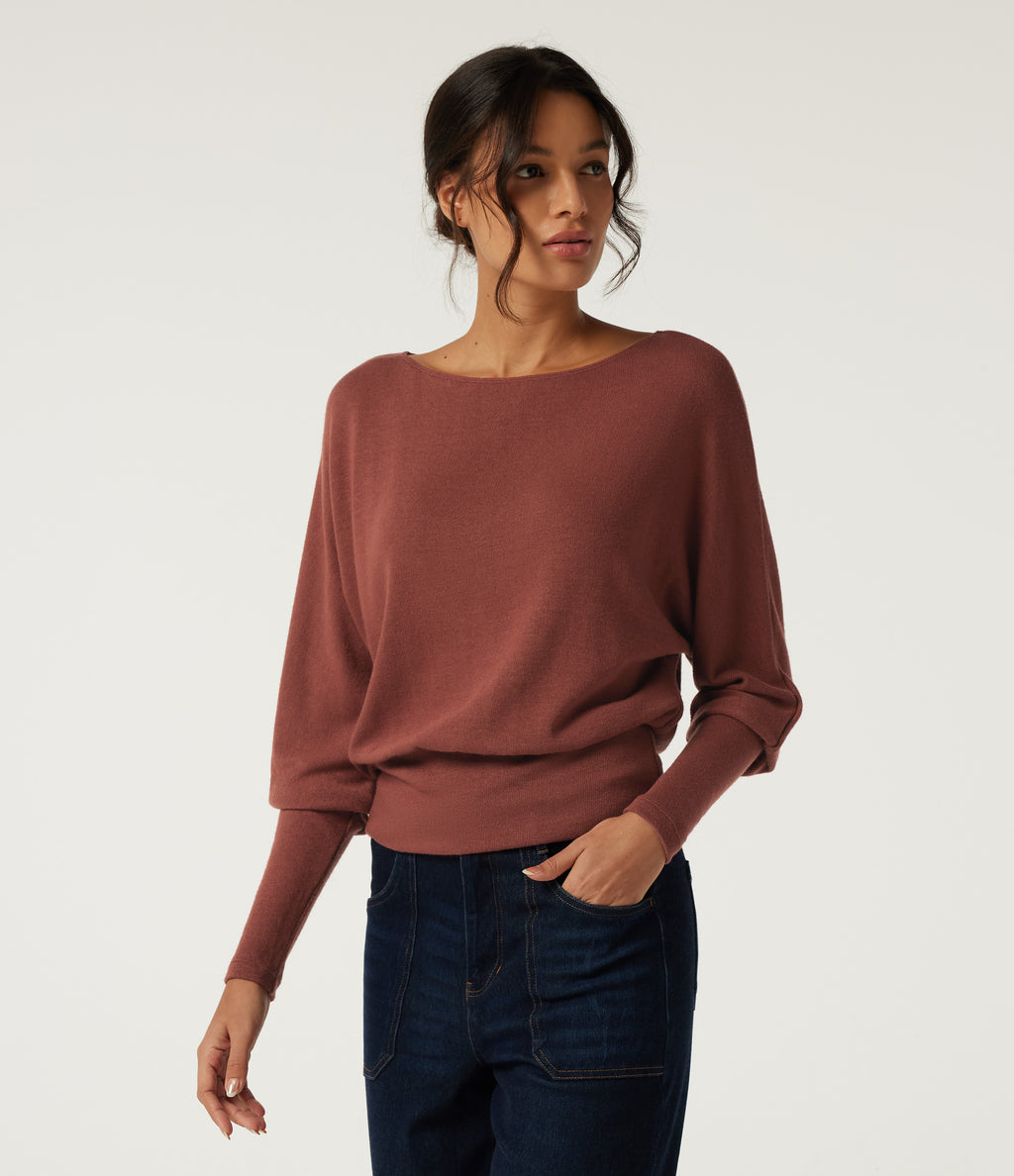 Boat Neck Batwing Long Sleeve Keyhole Back Casual Top — Currant — view 3