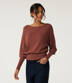 Boat Neck Batwing Long Sleeve Keyhole Back Casual Top — Currant — view 3