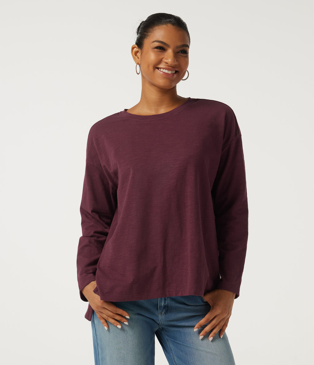 Round Neck Raglan Long Sleeve Cotton Casual T-Shirt — Burgundy — view 4