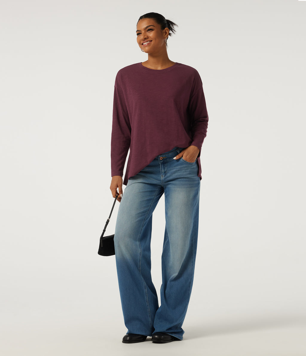 Round Neck Raglan Long Sleeve Cotton Casual T-Shirt — Burgundy — view 7