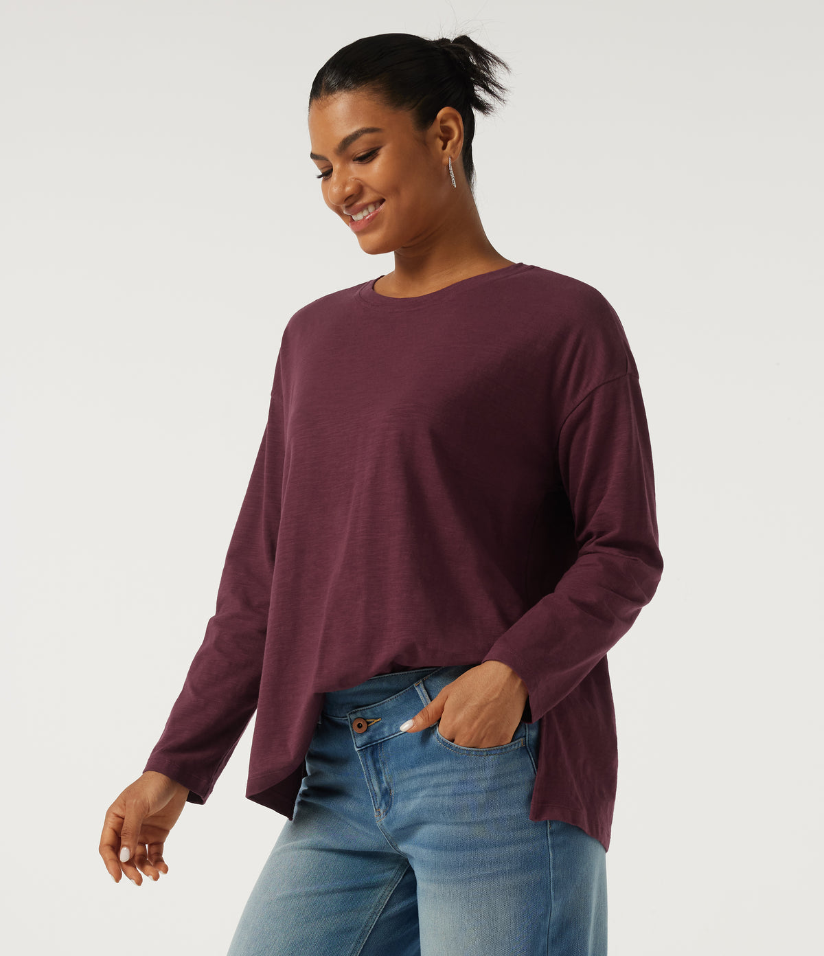 Round Neck Raglan Long Sleeve Cotton Casual T-Shirt — Burgundy — view 3