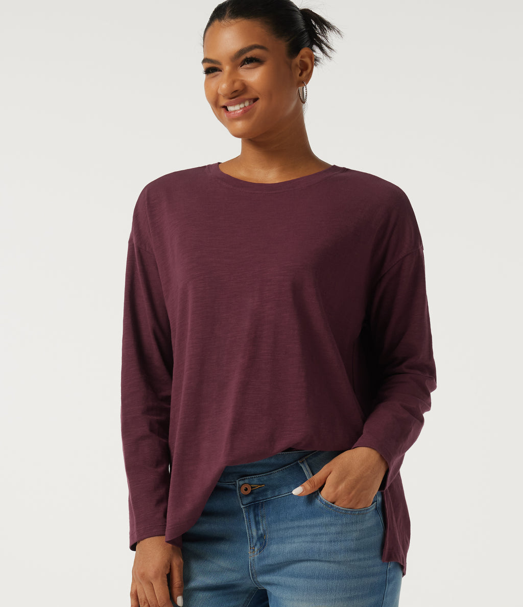 Round Neck Raglan Long Sleeve Cotton Casual T-Shirt — Burgundy — view 1