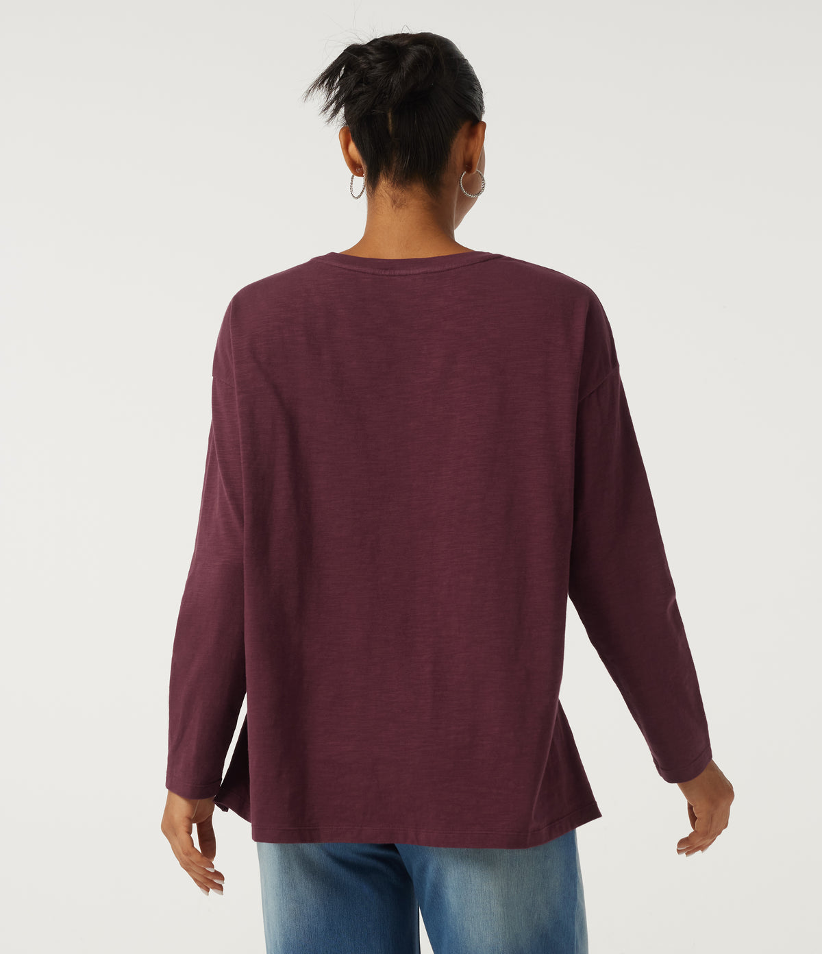 Round Neck Raglan Long Sleeve Cotton Casual T-Shirt — Burgundy — view 2